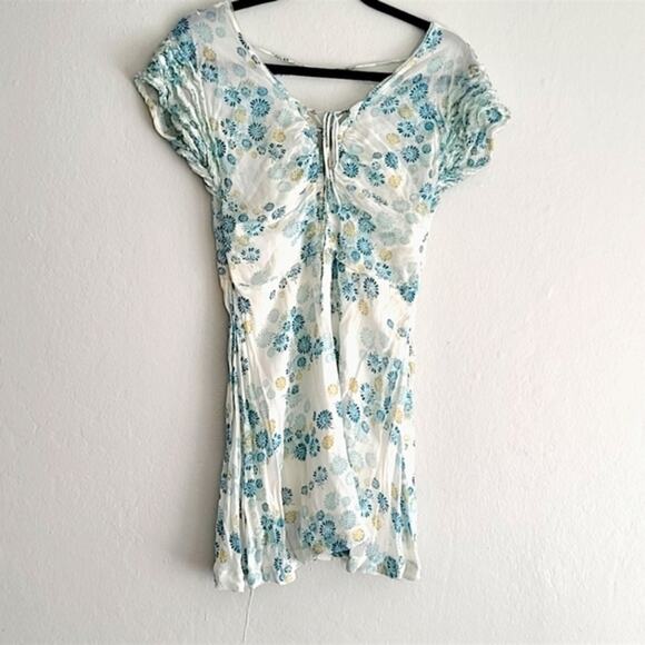 Free People Yours Truly Printed Dress in White and Teal Fairy Summer Floral Sz 2 - Picture 4 of 9